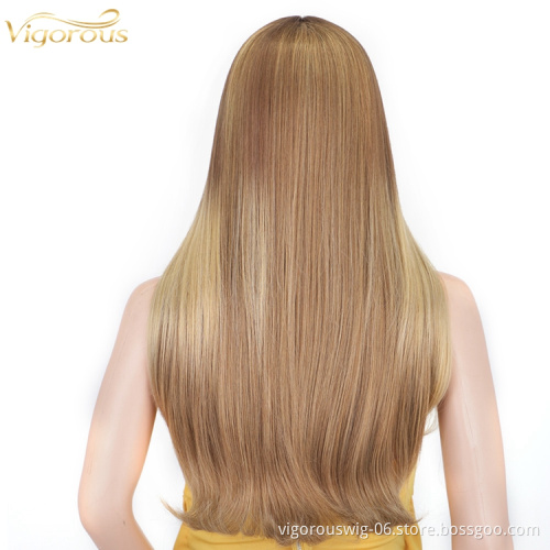 Hot Sale High Quality Vendor Middle Part Mix Ombre Blonde Three Tone Color Long Straight Synthetic Lace Wig Heat Resistant